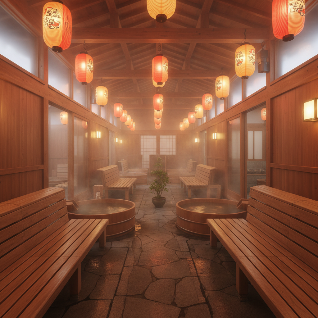 Traditional Japanese bathhouse with wooden tubs, benches, and glowing paper lanterns.