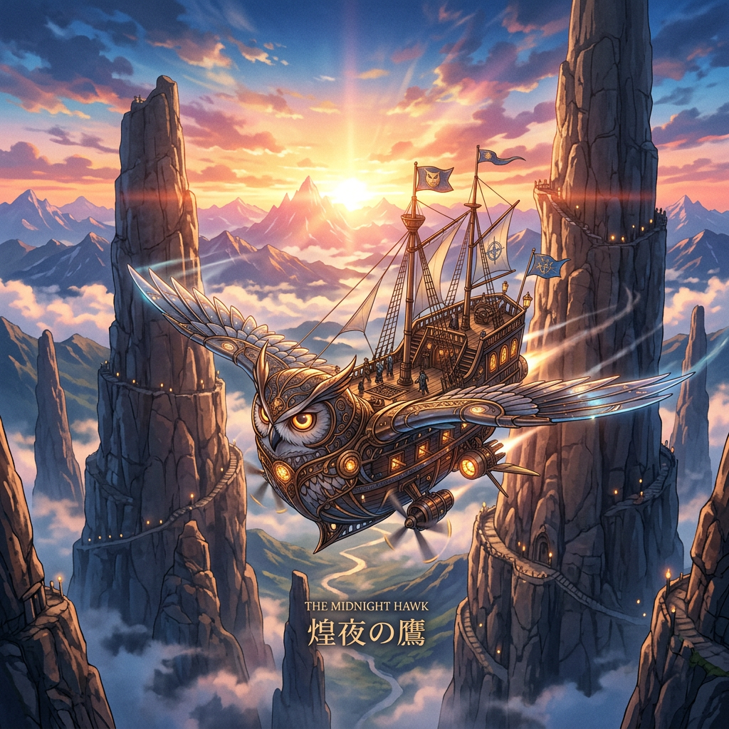 Ornate owl-shaped flying ship with sails soaring among steep cliffs at sunrise