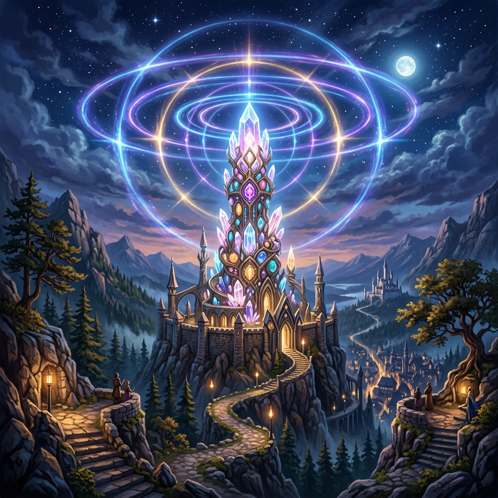 A crystal tower emitting glowing magical rings with a mountainous castle town below at night