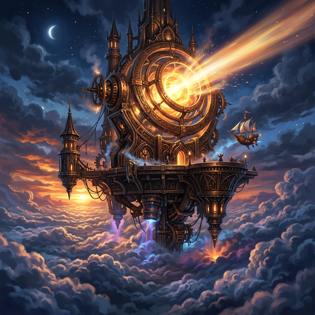 Steampunk fortress floating in sky firing a bright energy beam with flying ship nearby