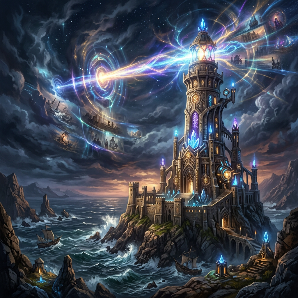 Ornate lighthouse emitting colorful magical energy showing ethereal images above stormy ocean