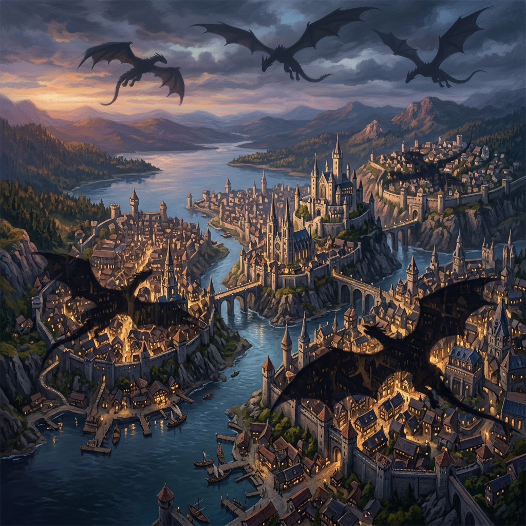 Medieval city with river, illuminated buildings, and dragons flying overhead