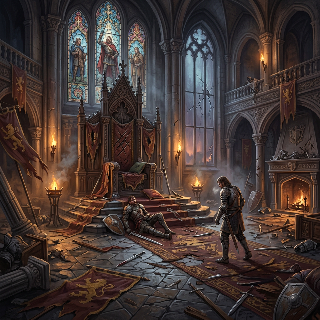 Medieval throne room in ruins with two knights in armor, one sitting wounded, sword and shields on floor