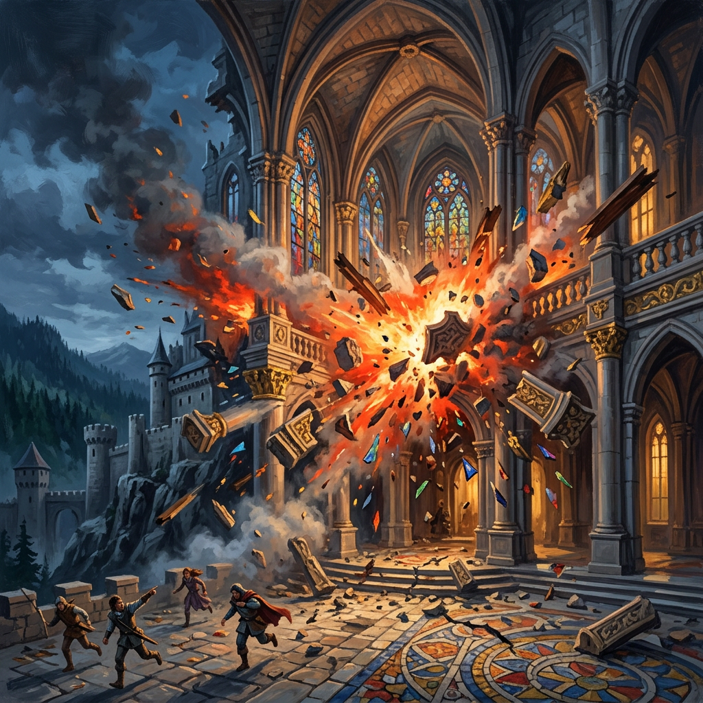 Explosion inside gothic cathedral with flying debris and people escaping