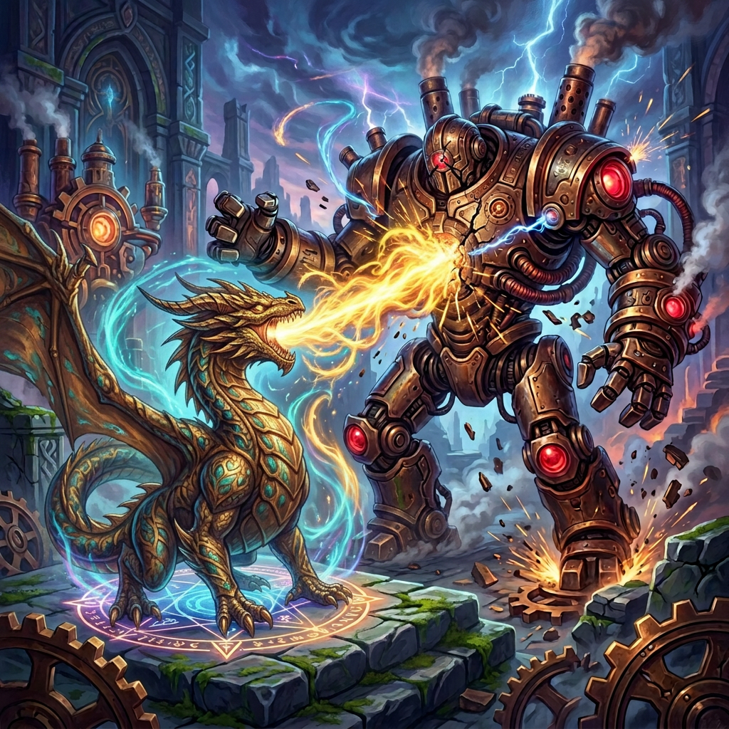 Mage casting colorful magic at a giant clockwork automaton in ruined city