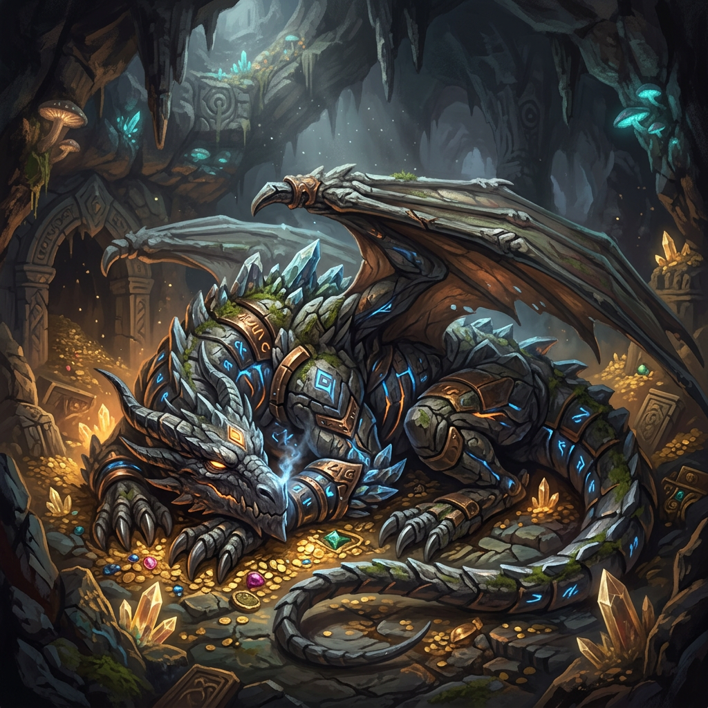 Armored dragon resting on gold and gemstones inside a crystal-filled cavern