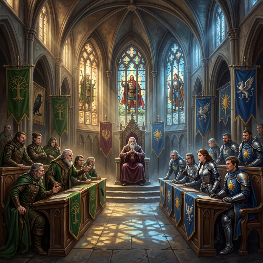 Nobles and armored knights gathered before a robed leader in a cathedral