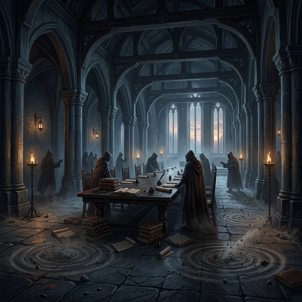 Hooded scholars gathered around a table in a gothic library hall
