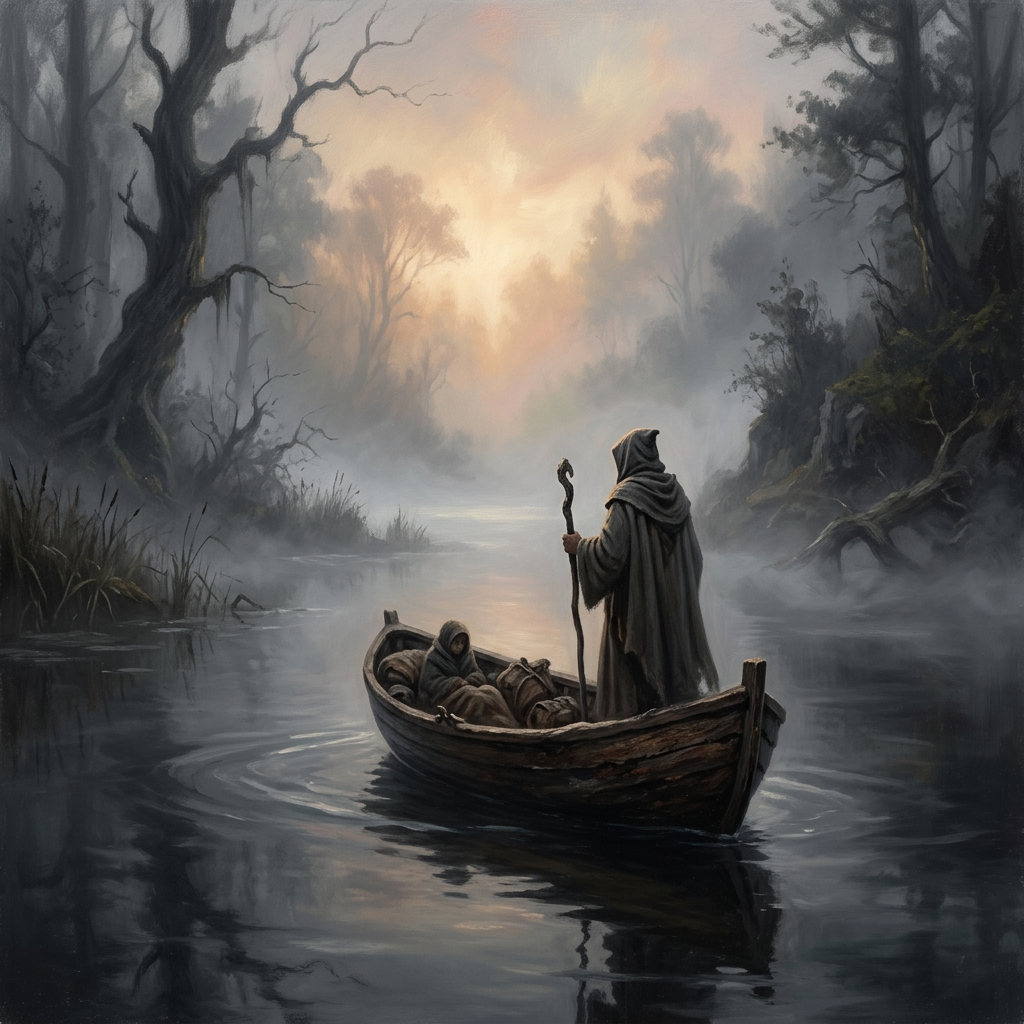 Hooded boatman guiding a small boat through a misty forest marsh