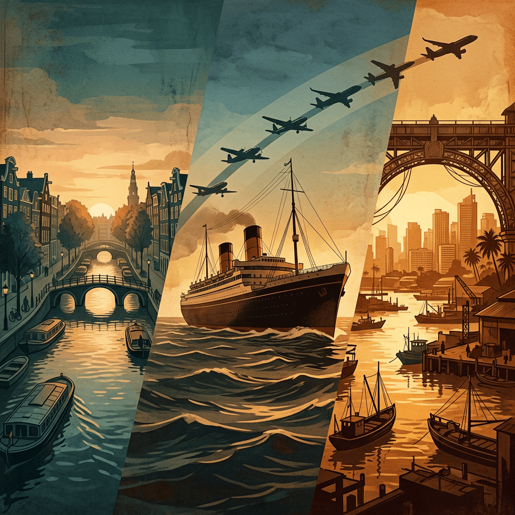 Vintage triptych of canals, ocean liner, airplanes, and harbor skyline
