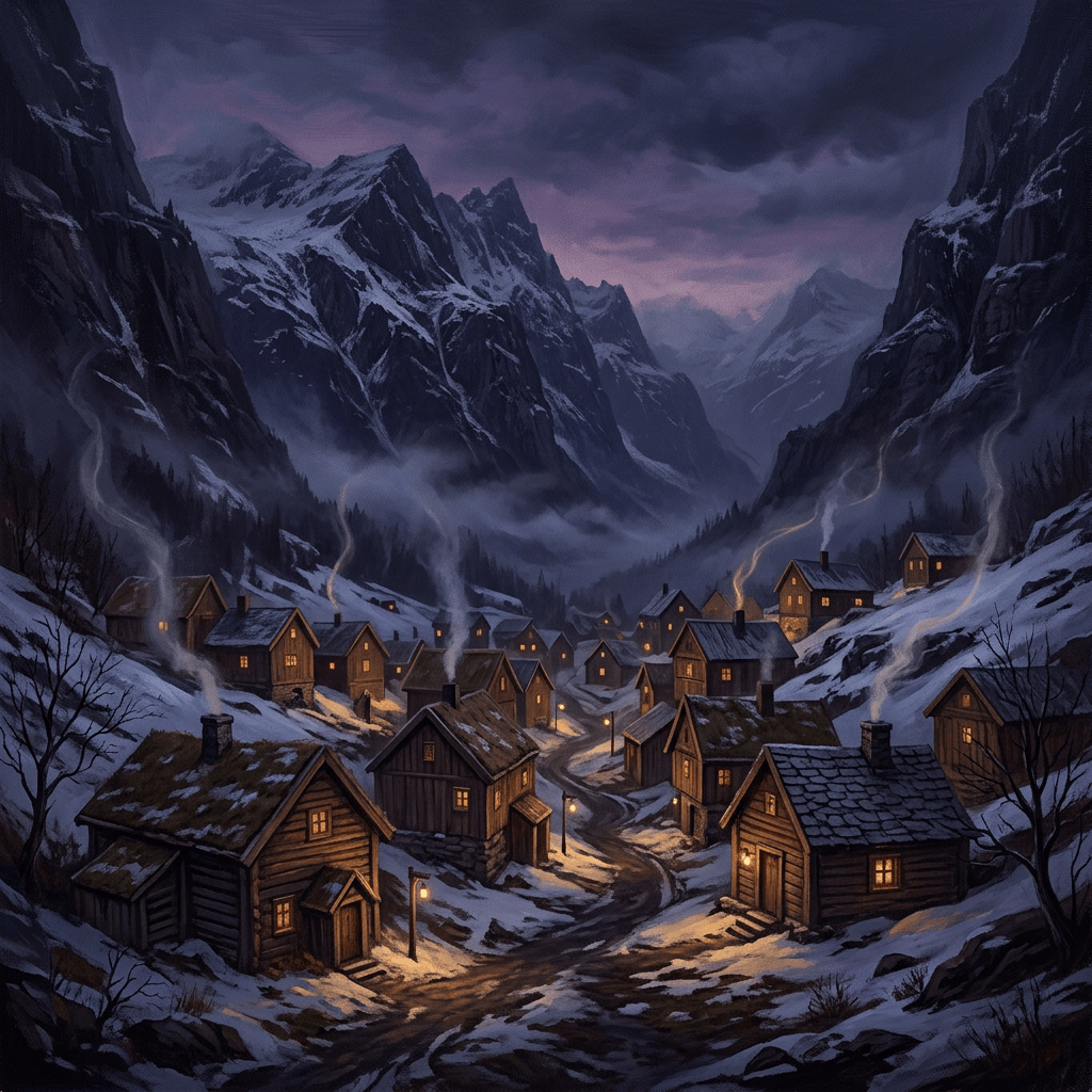 Snowy mountain village with glowing windows beneath towering peaks