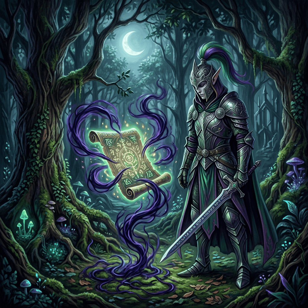 Armored elf holding a sword beside a glowing magical scroll in a forest