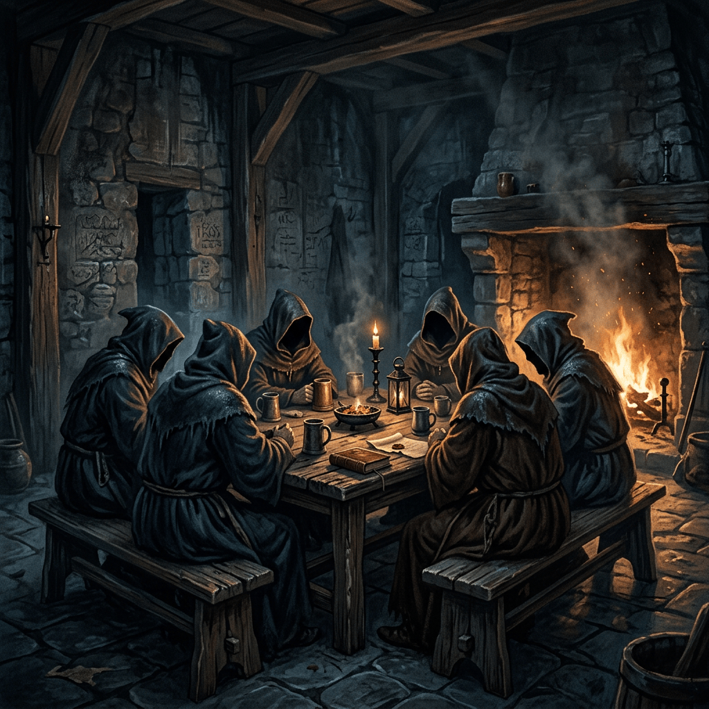 Six hooded figures gathered around a candlelit table in a stone chamber