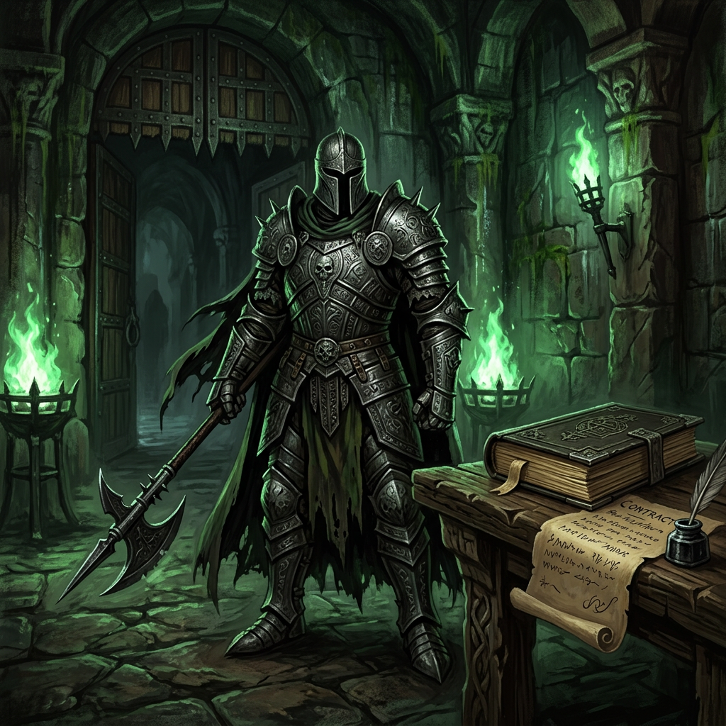 Armored knight holding a battle-axe beside a contract labeled CONTRACT