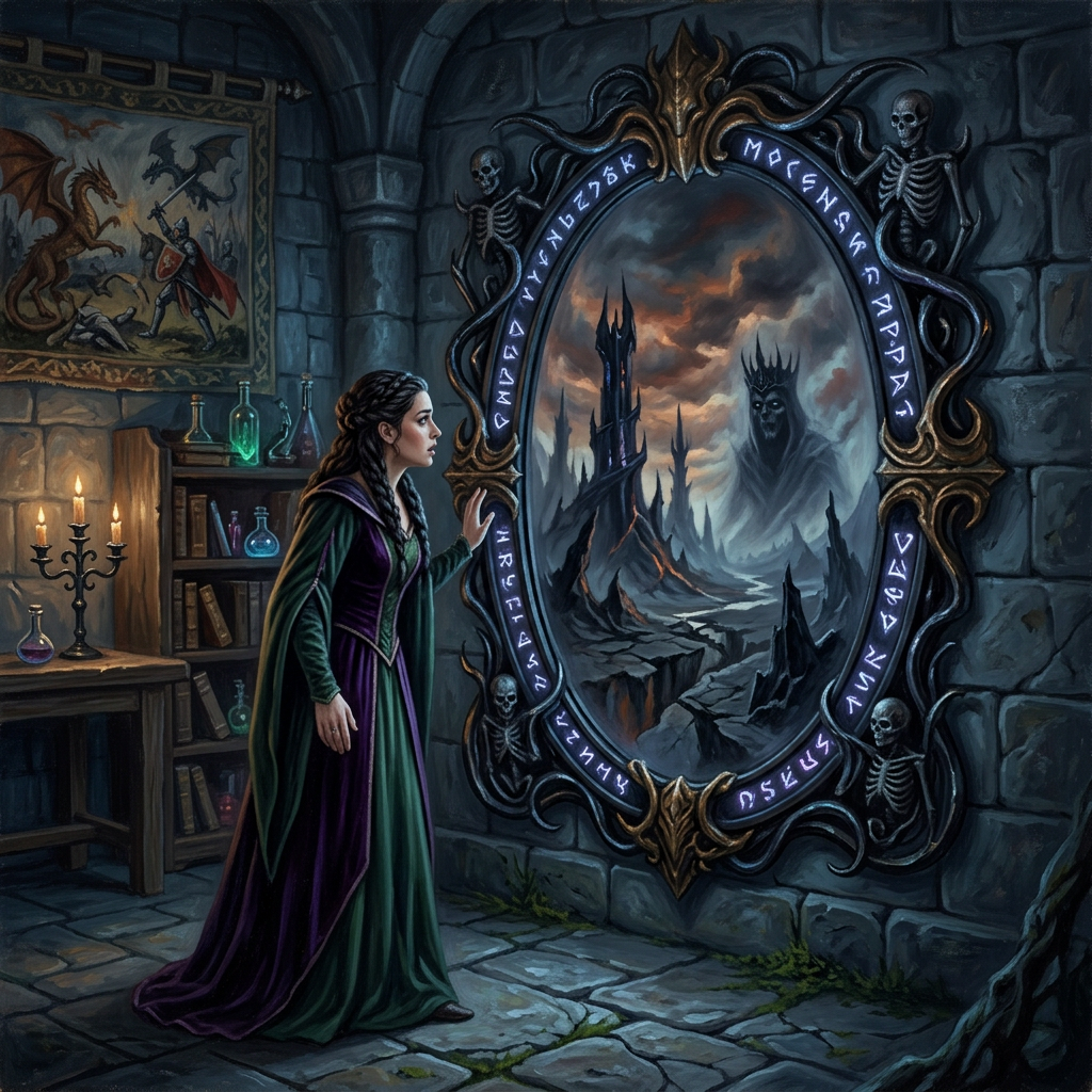 Sorceress standing before a skull-framed portal to a dark fantasy realm