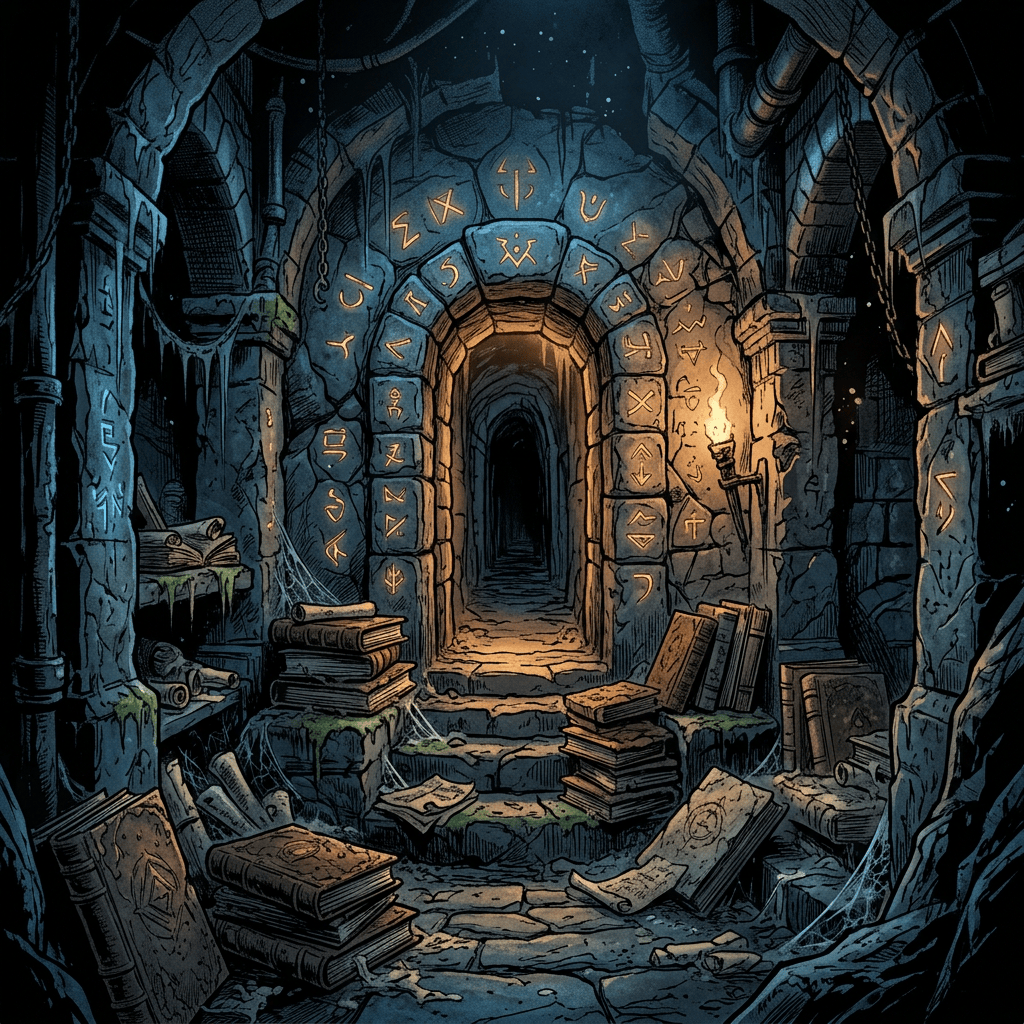 Torchlit underground passage surrounded by books and rune-carved stones