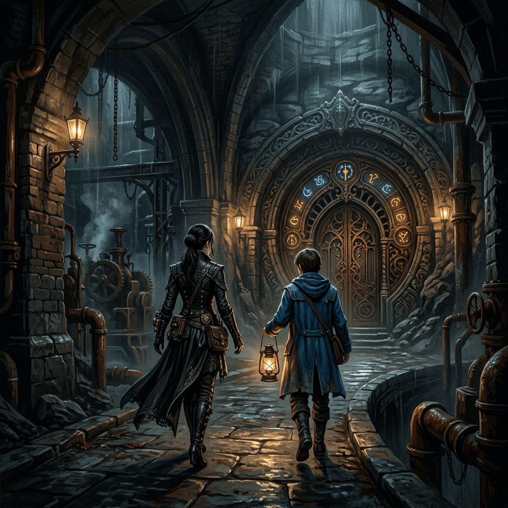 Two adventurers approach a glowing rune-covered door in an underground cavern