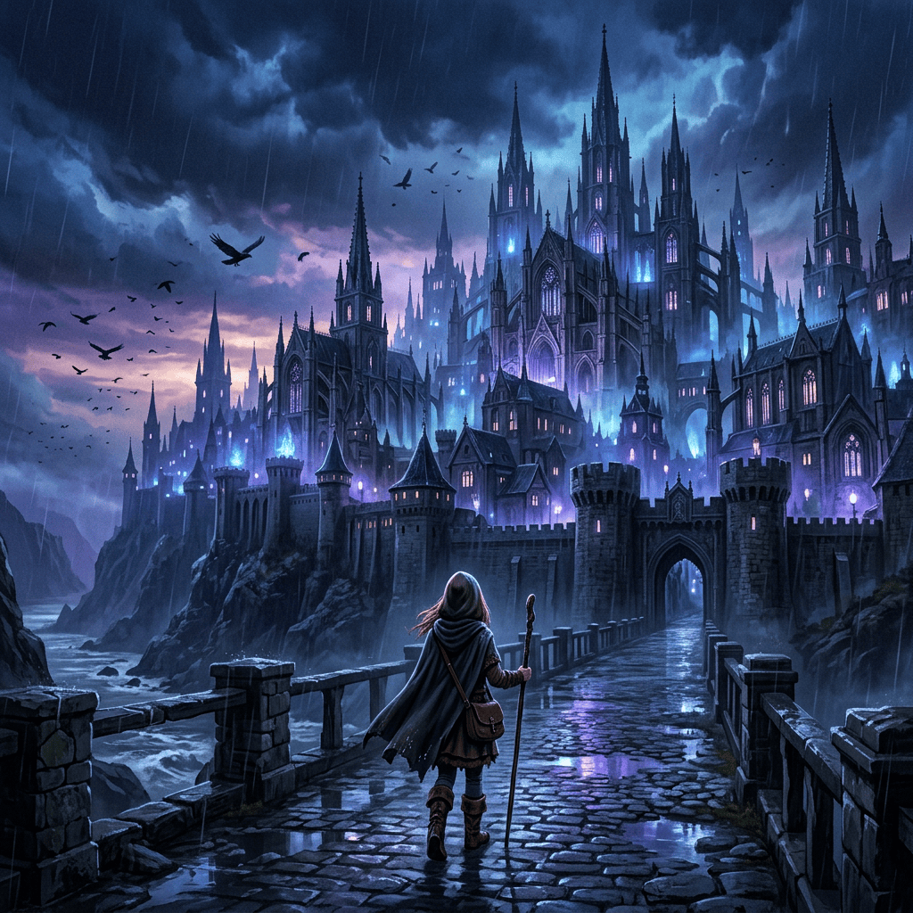 Cloaked traveler crossing a bridge toward a glowing gothic castle in rain